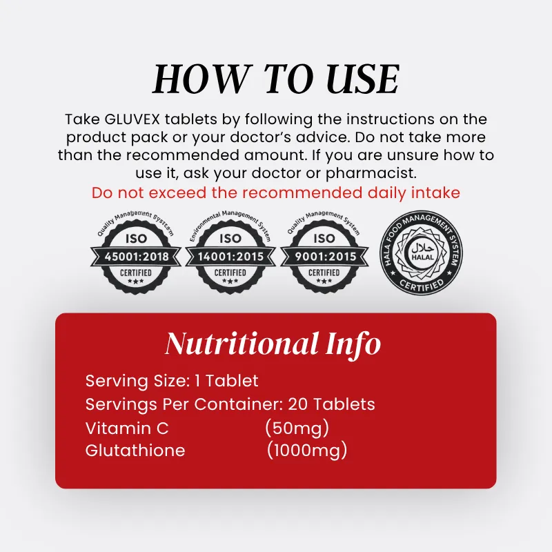 Gluvex Glutathione Tablets | 1000mg with Vitamin C | Still Young 4 Gluvex-Vitamin-Glutathione-Tablets